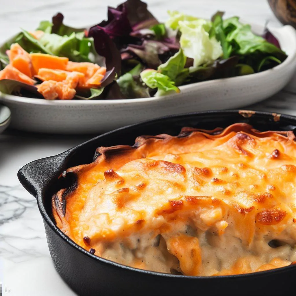 Creamy fish pie with a sweet potato crust