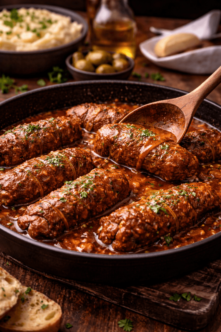 Bragjoli tradional Maltese beef olives in a pan