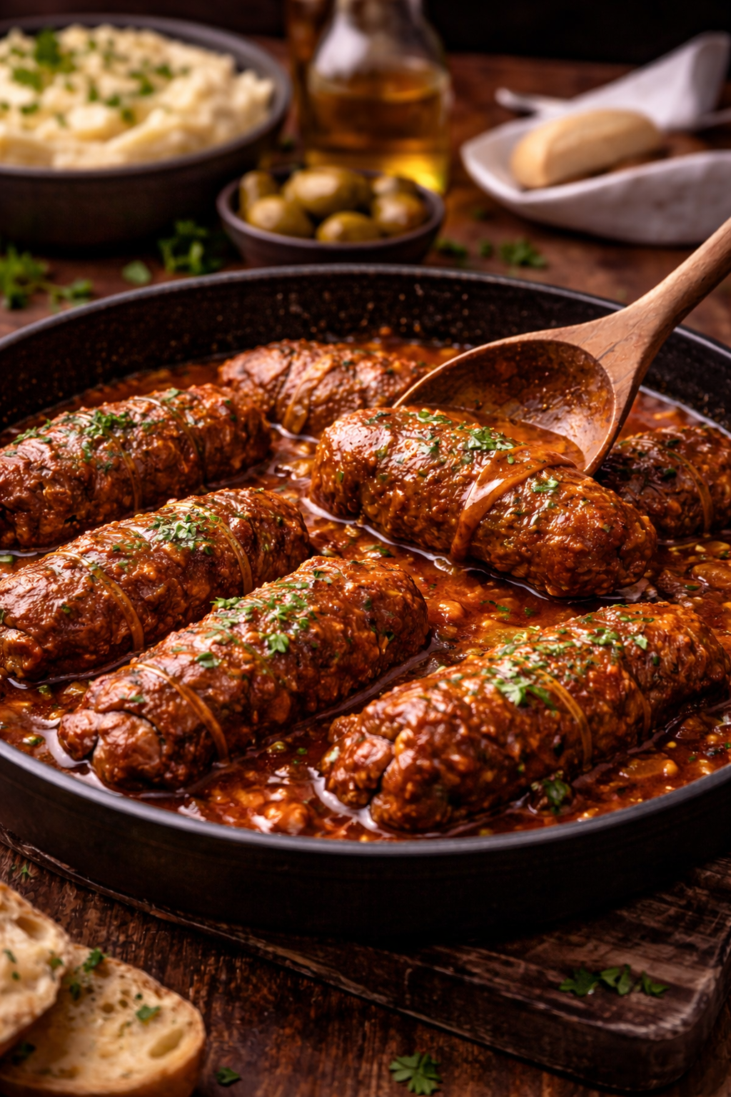 Bragjoli tradional Maltese beef olives in a pan
