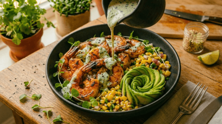 Grilled Shrimp Bowl with Avocado, Corn Salsa & Creamy Sauce