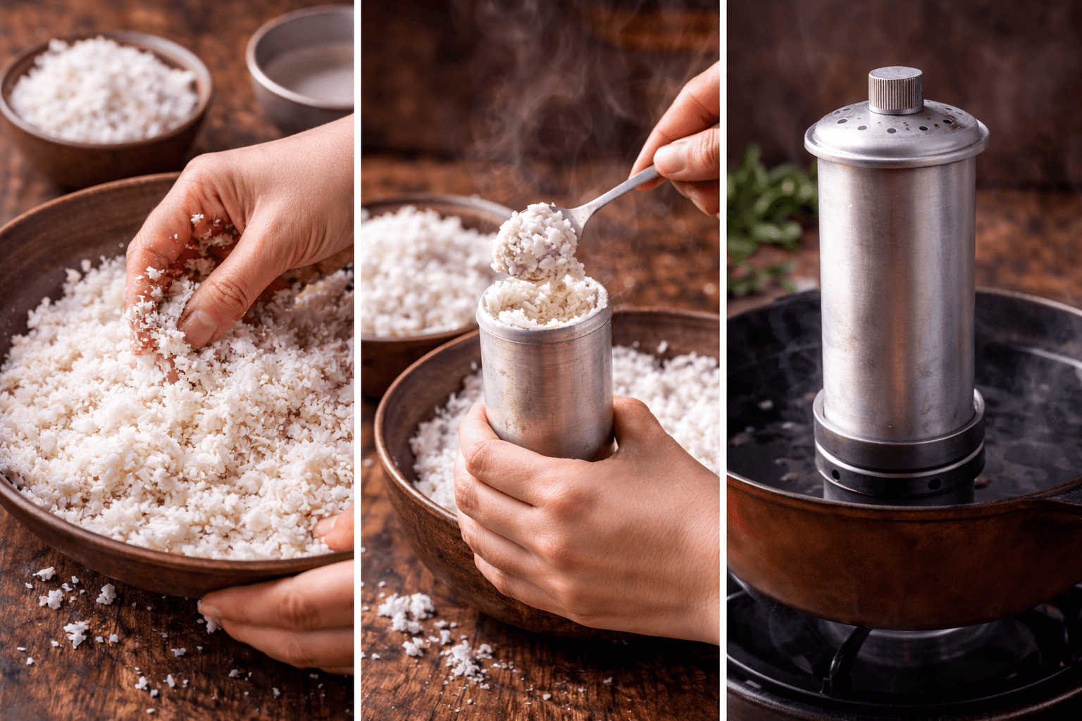 Filling the pittu steamer