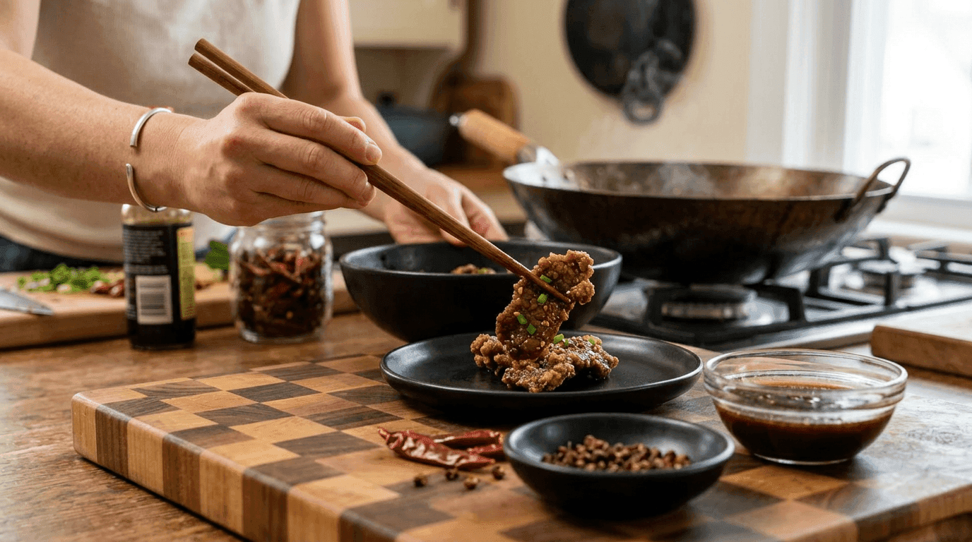 Sichuan-style crispy chili beef close-up