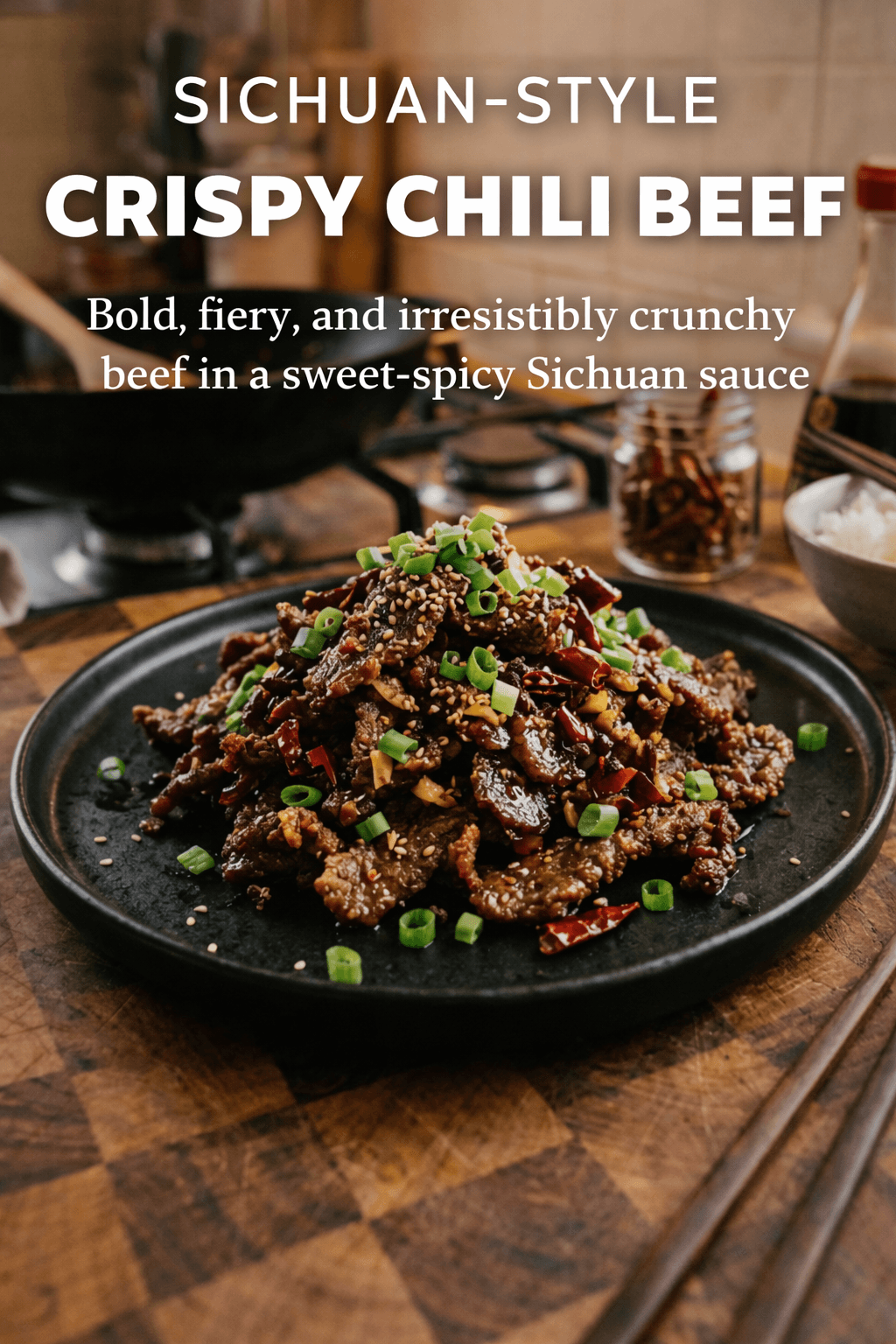 Sichuan crispy chili beef Pinterest image
