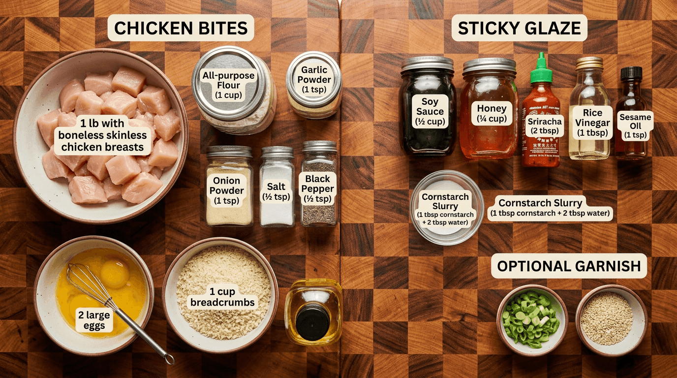 Sticky Crispy Glazed Chricken bites, ingredients (2) Sticky Crispy Glazed Chricken bites, ingredients (2)