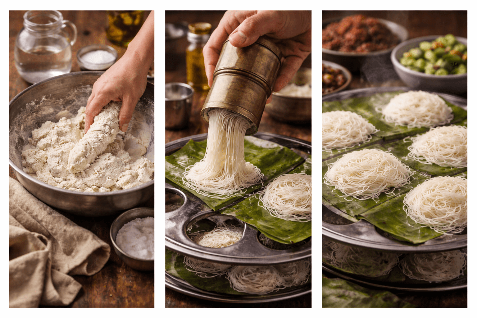 Pressing string hoppers onto steaming trays