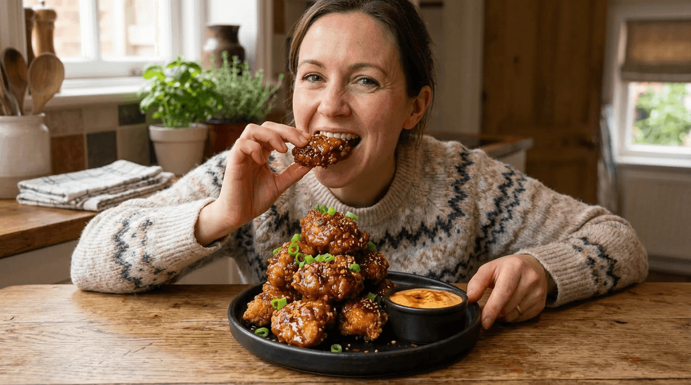 Taking a bite of the sticky spicy glazed chicken
