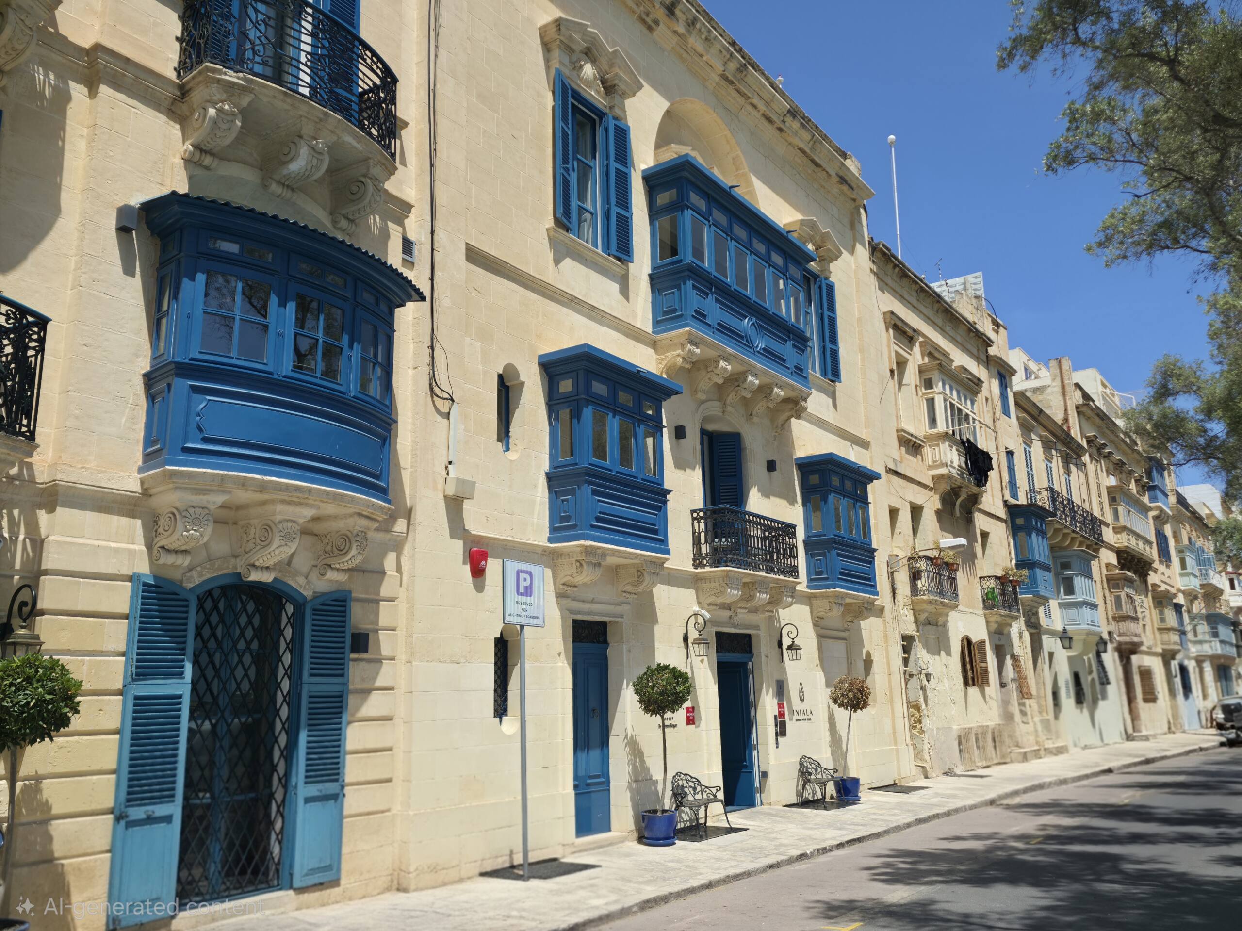 Street with limestone houses and blue balconies in Valletta