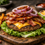 Bacon cheeseburger with sweet potato fries