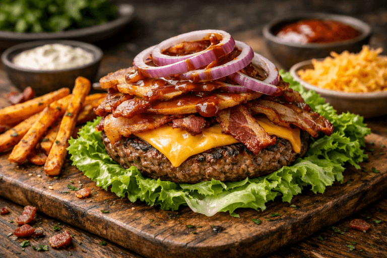 Bacon cheeseburger with sweet potato fries