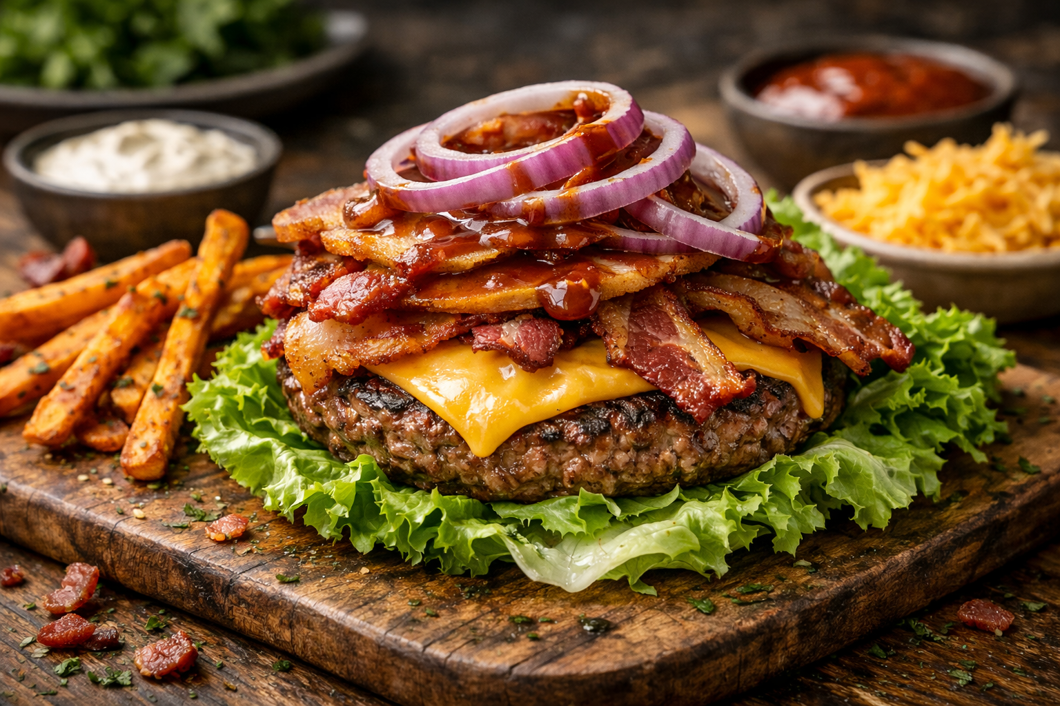 Bacon cheeseburger with sweet potato fries