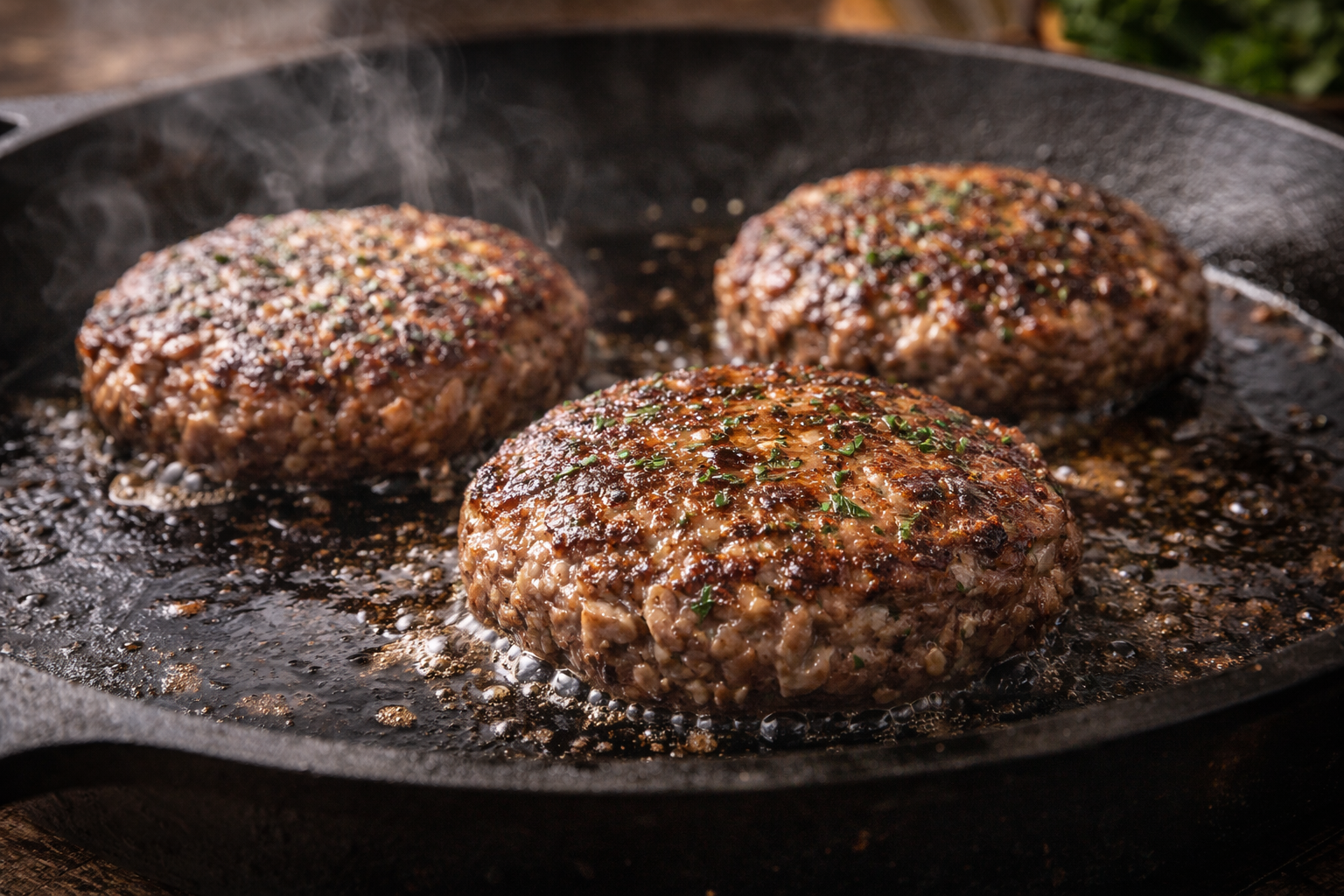 Beef patties sizzling in cast iron skillet