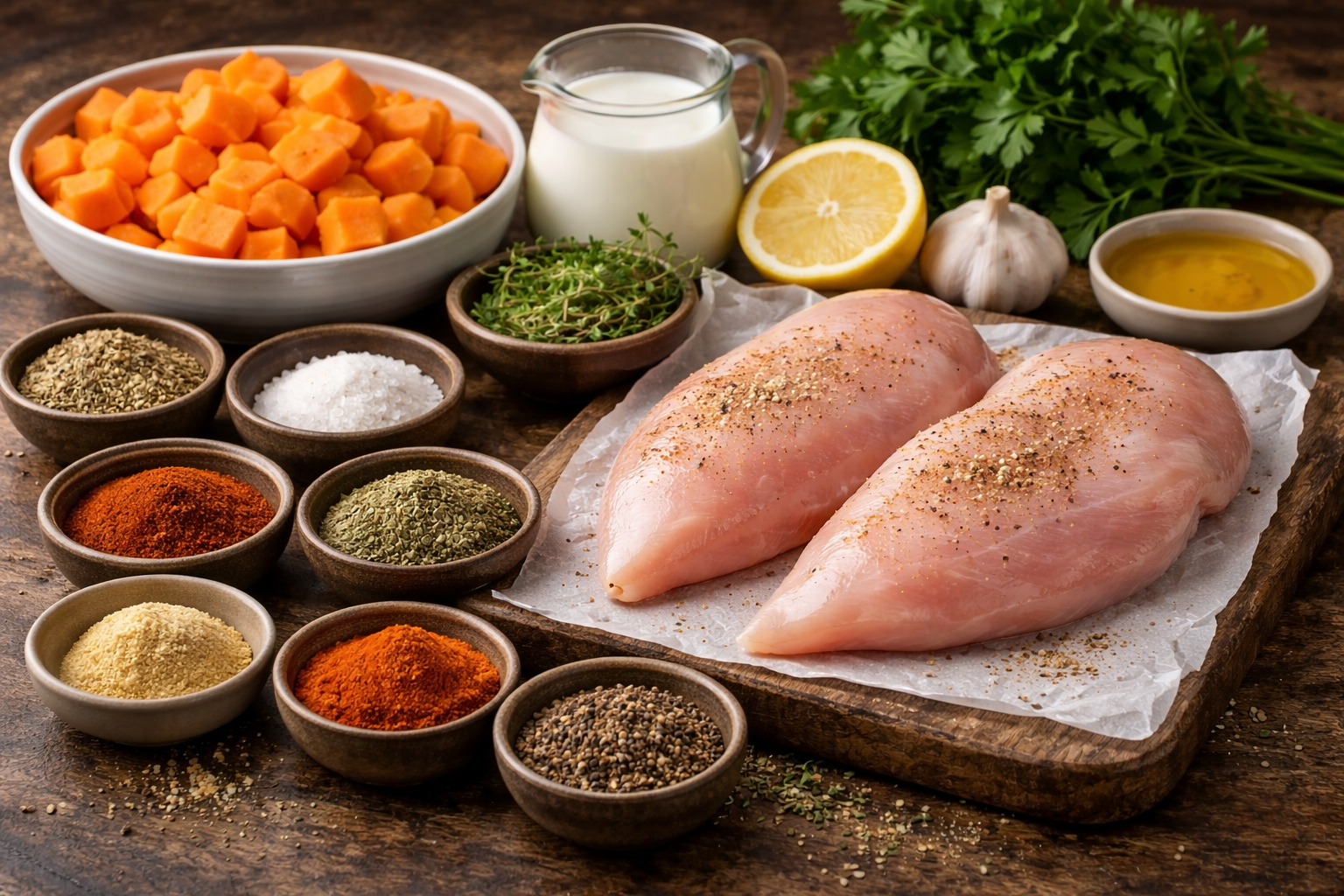 Cajun chicken and sweet potato ingredients