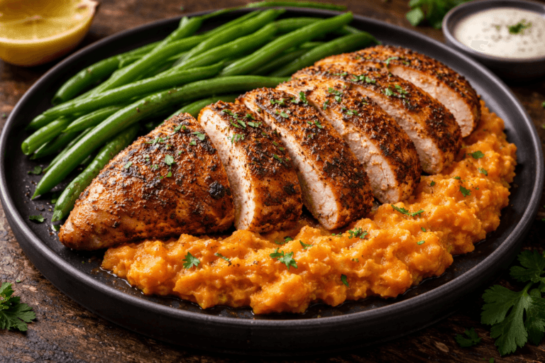 Cajun chicken with sweet potatoes and greens