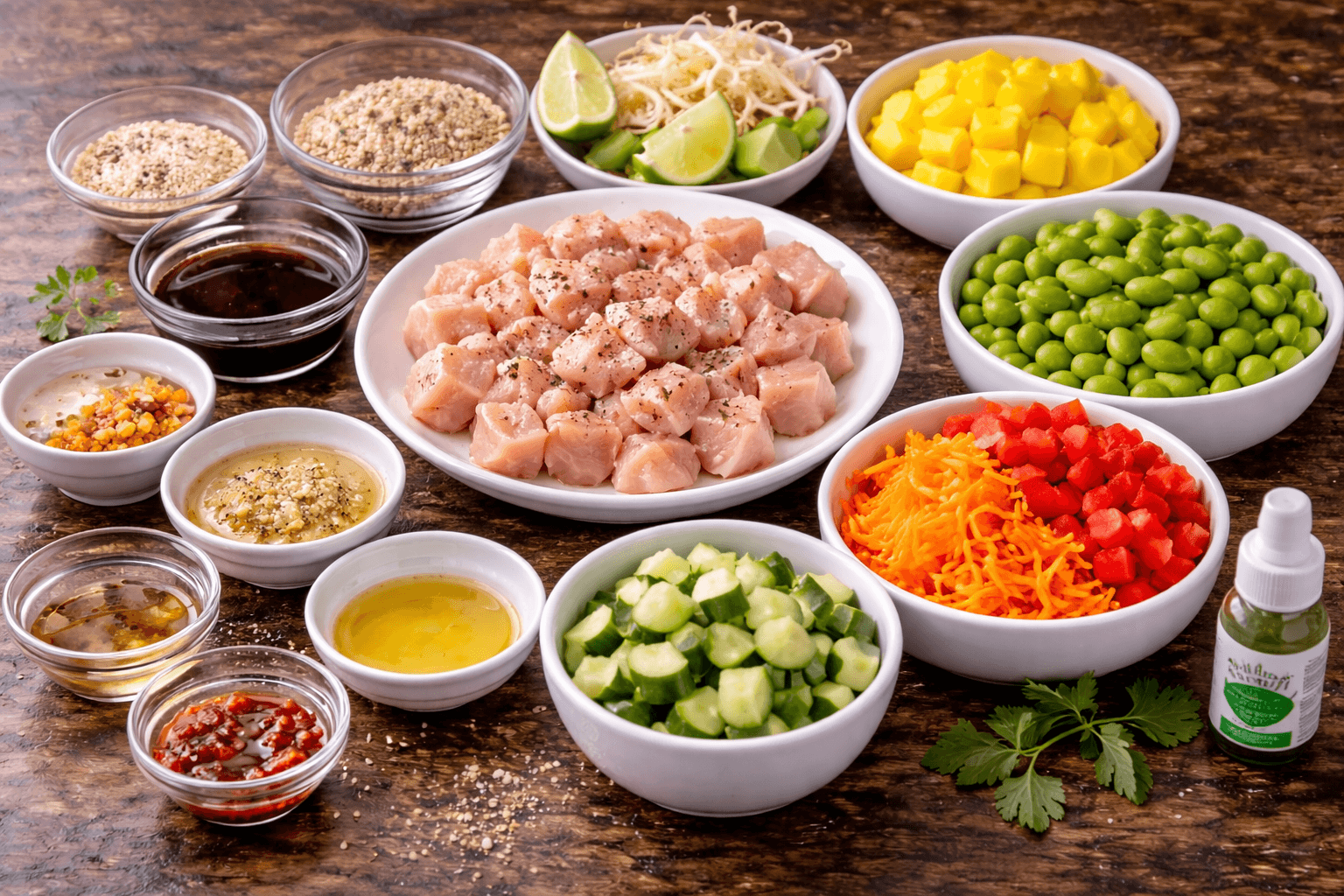 Chicken and mango poké bowl ingredients