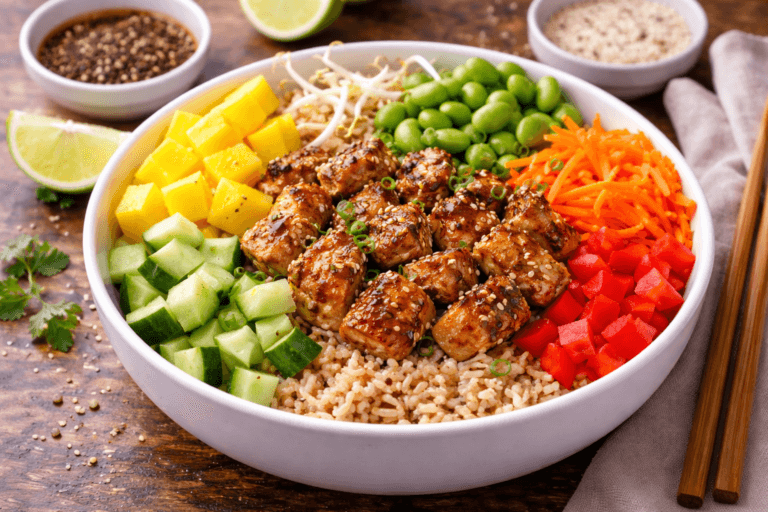 Colourful chicken and mango poké bowl (1)