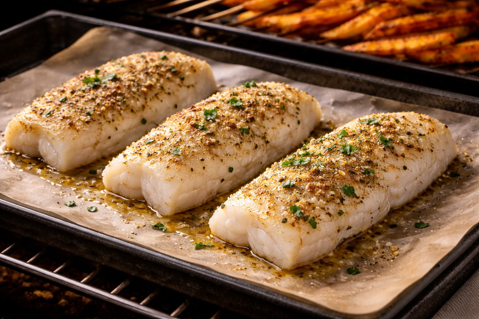 Crispy breaded cod with sweet potato fries