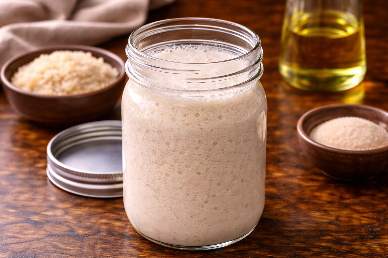 Fermented rice batter in mason jar