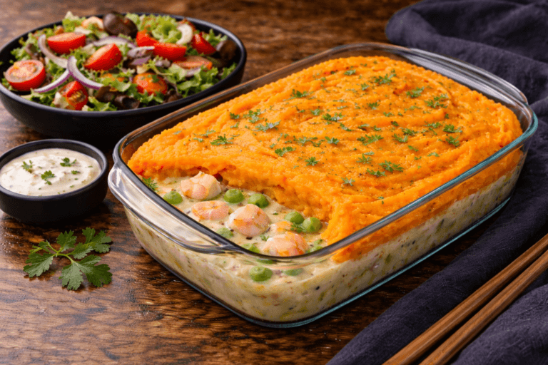 Fish and prawn pie with salad