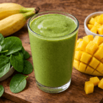 Fresh green smoothie with fruity ingredients