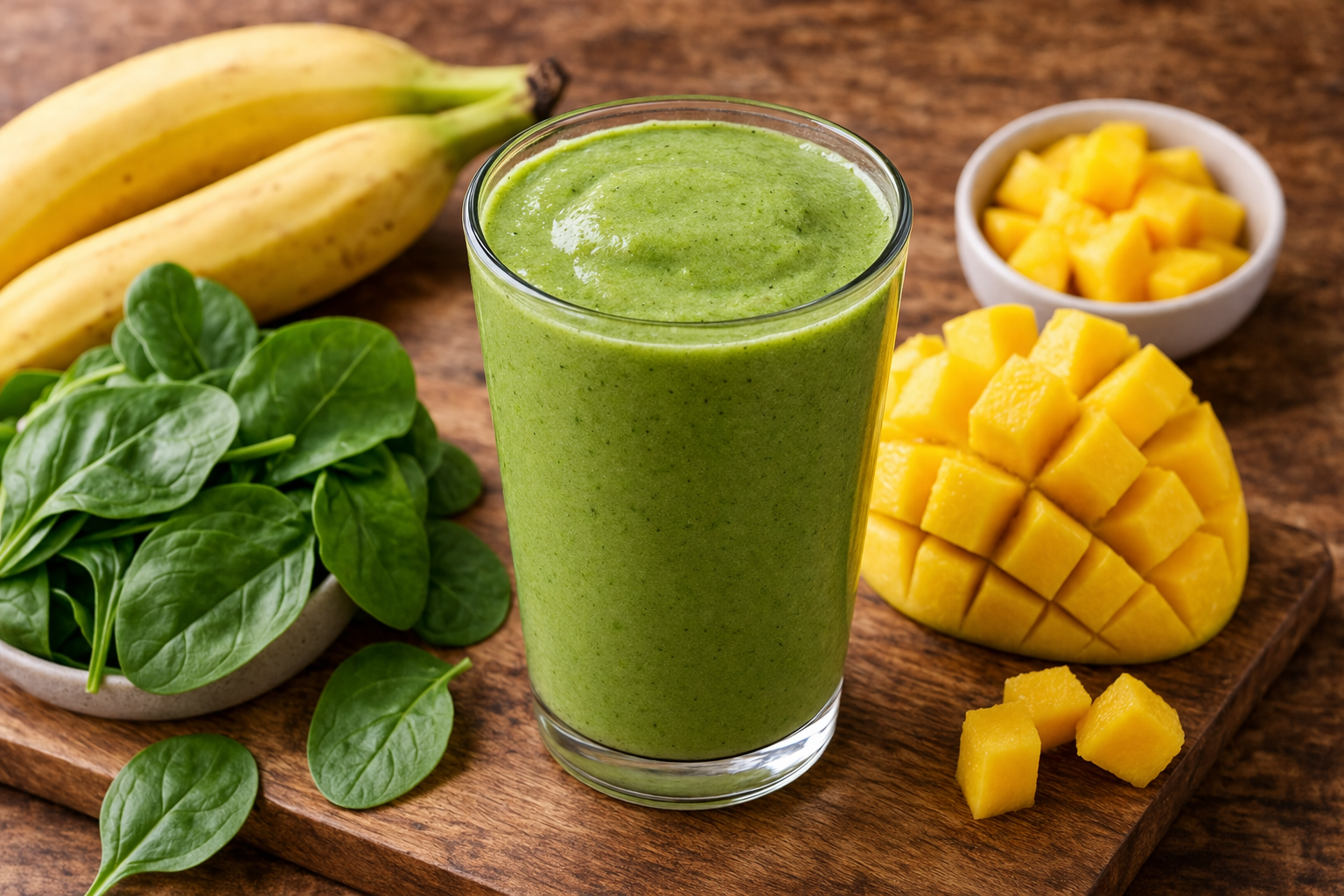Fresh green smoothie with fruity ingredients