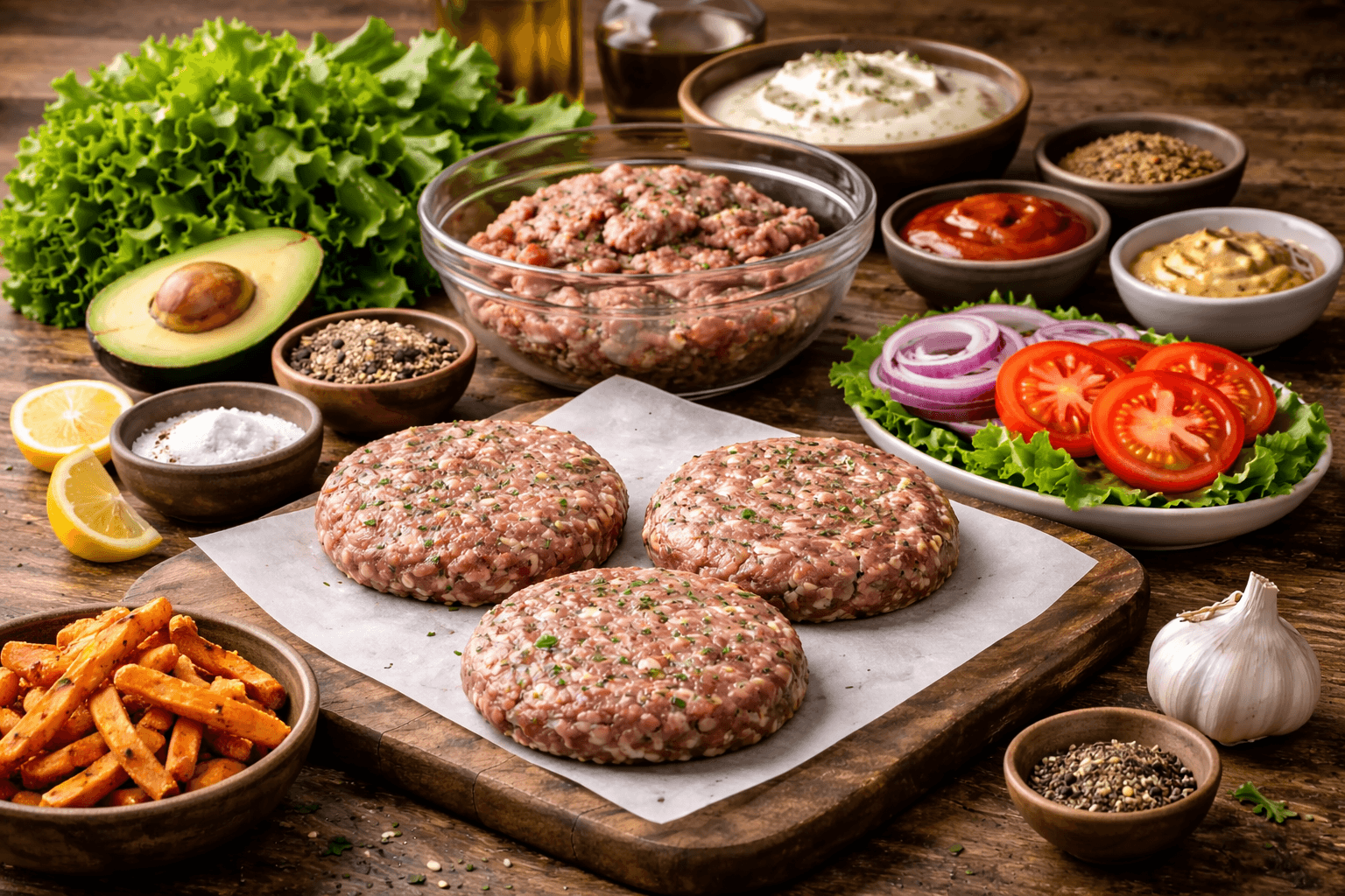 Fresh ingredients for homemade burgers