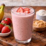 Fresh pink smoothie with strawberries and bananas
