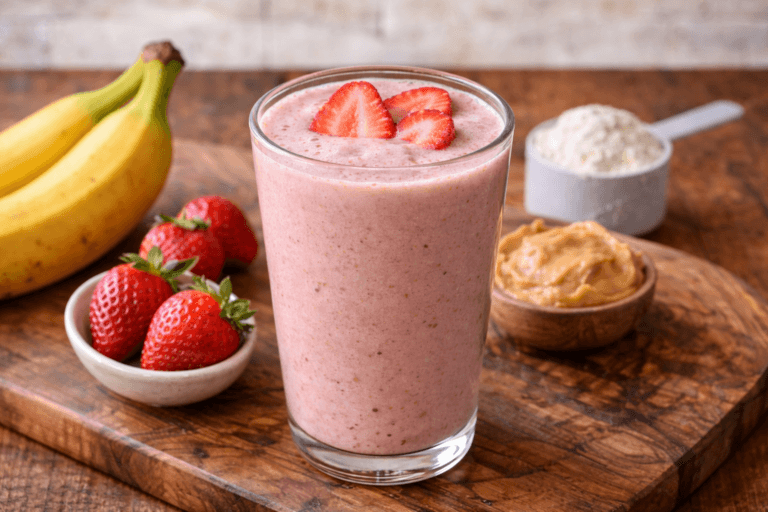 Fresh pink smoothie with strawberries and bananas