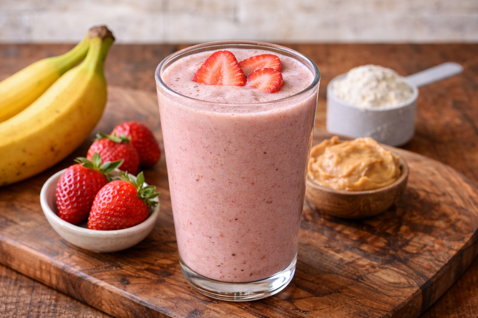 Fresh pink smoothie with strawberries and bananas