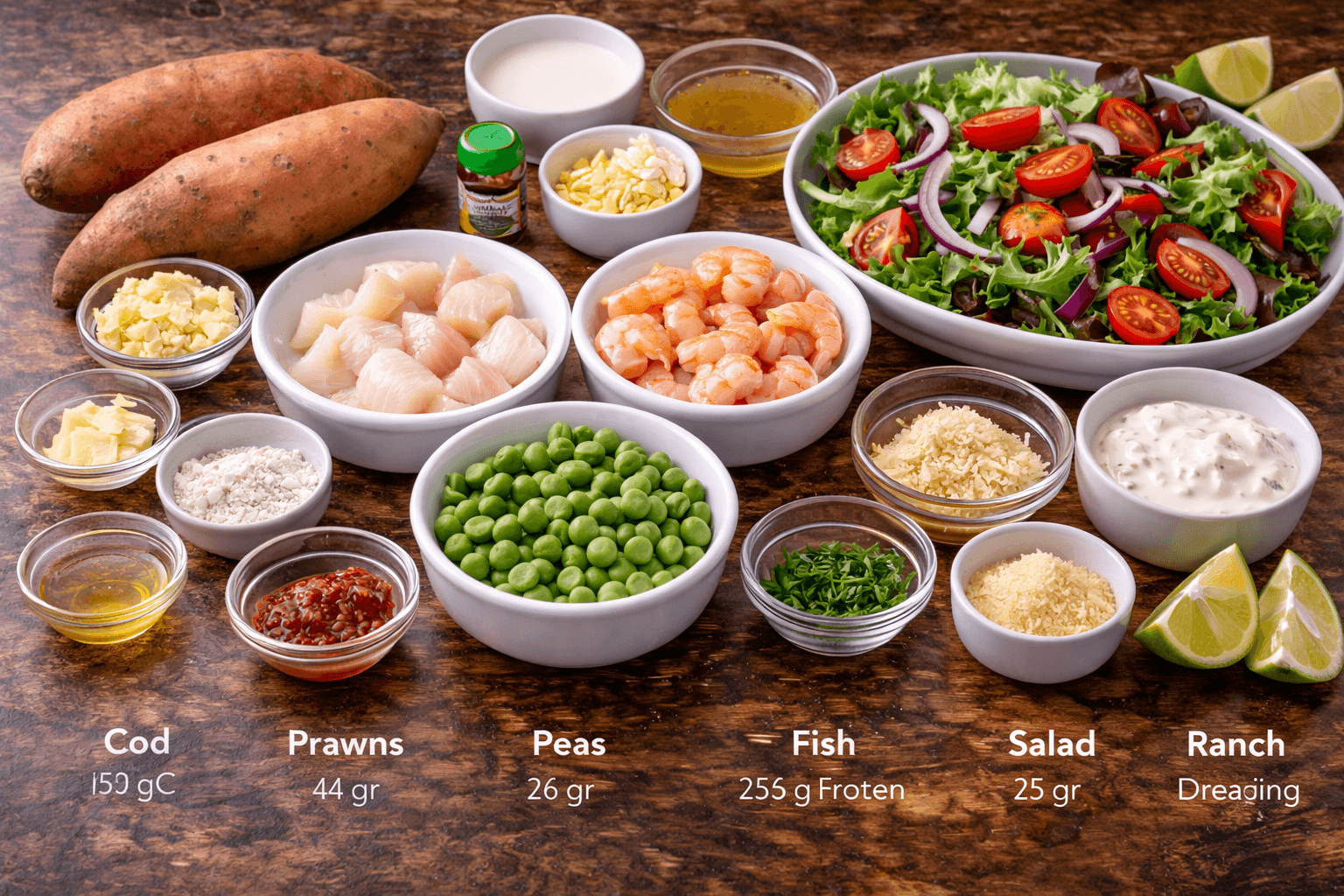 Seafood pie ingredients with salad