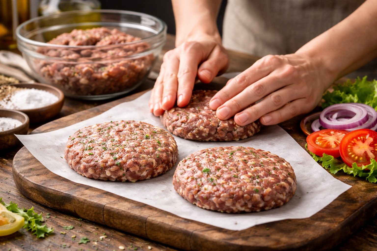 Shaping fresh burger patties in the kitchen
