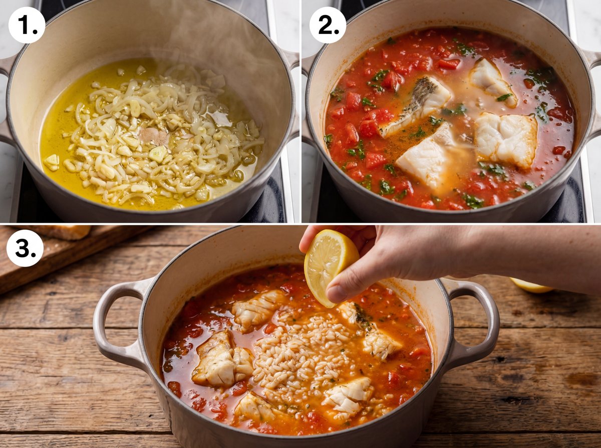 the 3 steps of the cooking process of the maltese recipe ALjotta - Fish soup