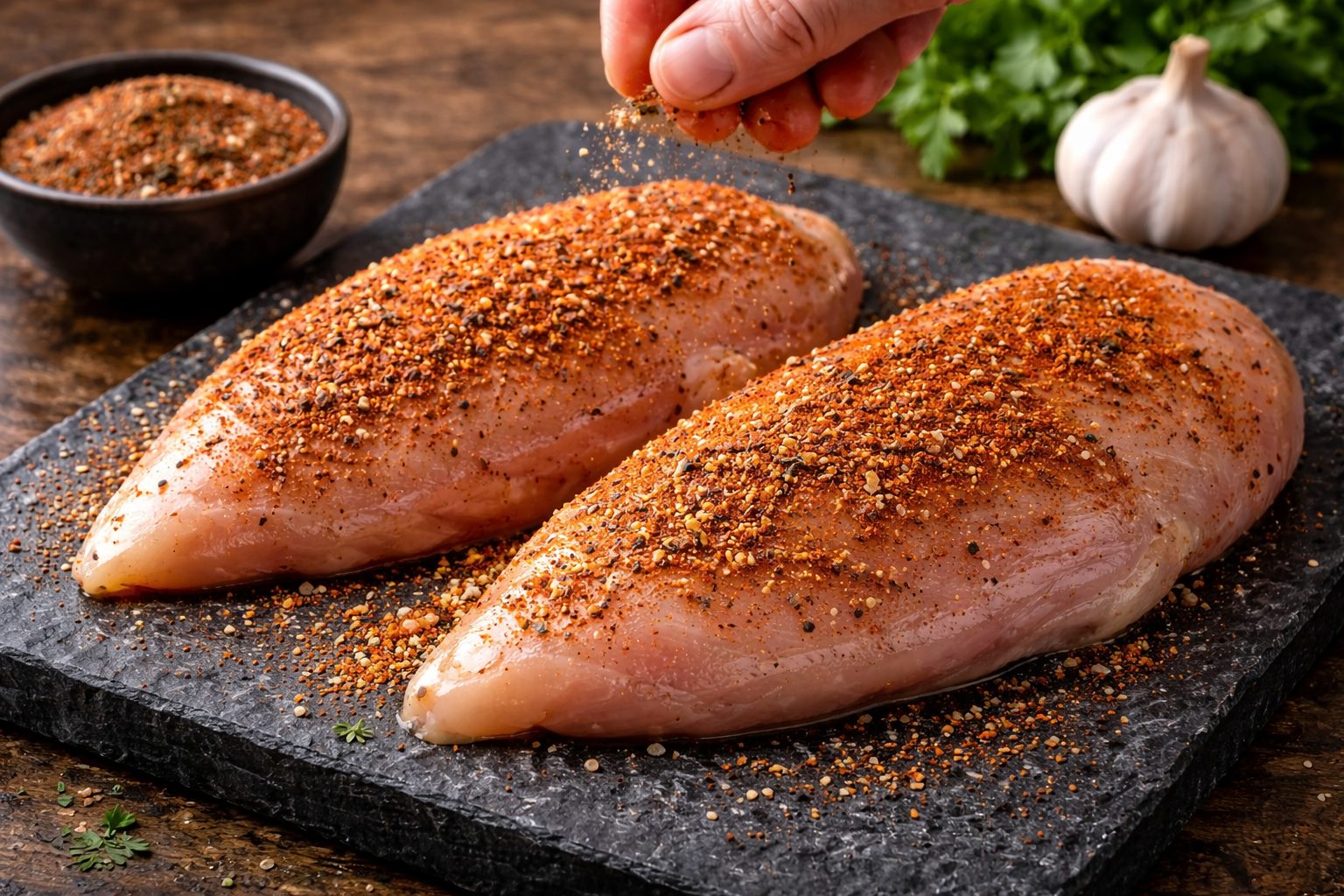 Spicing the Cajun SPices on the chicken