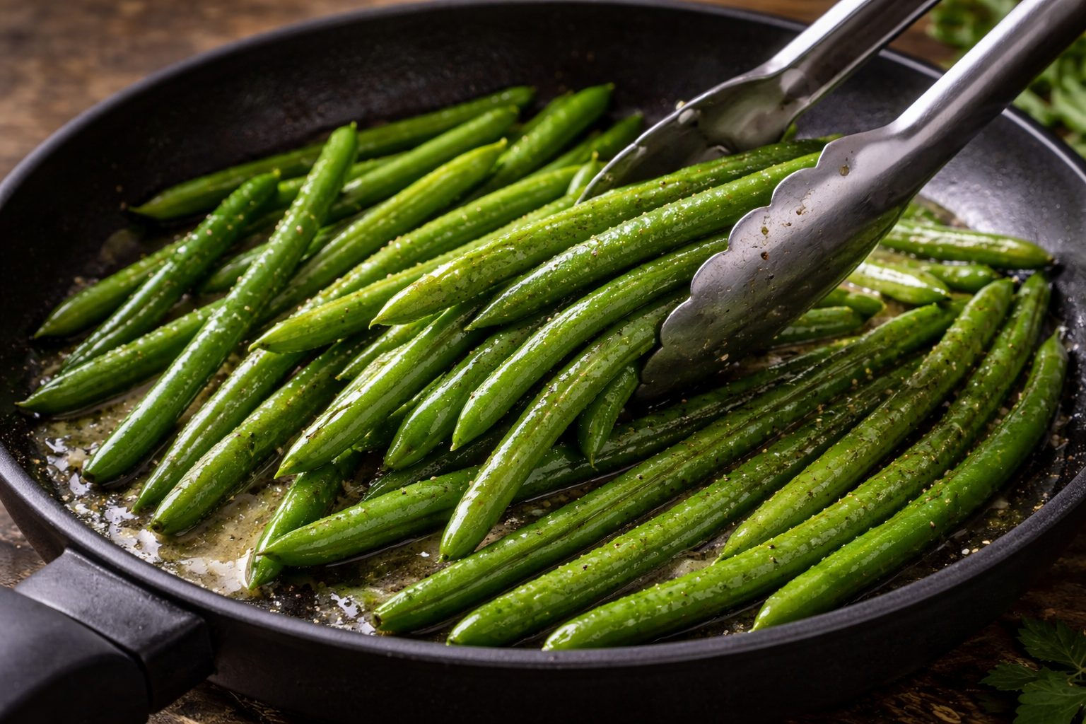 Cooking greenbeans in the skillet