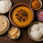 A table with Dahl Curry and condiments