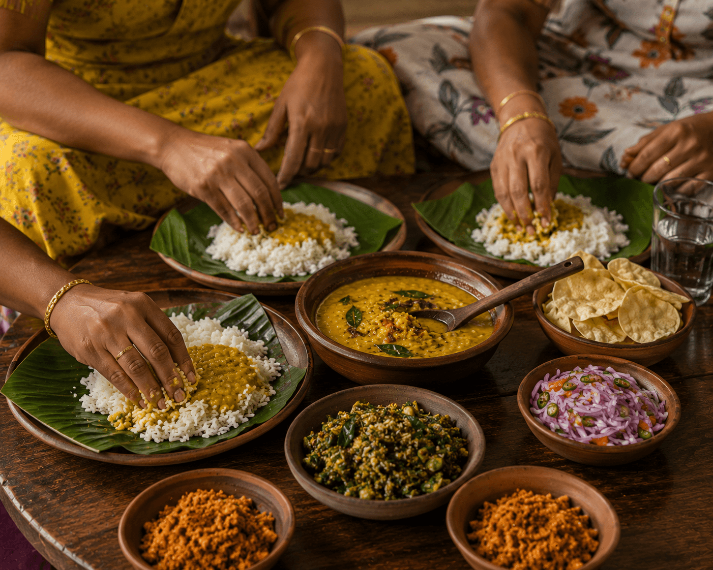 Eating dhal curry with condiments at a low wooden table