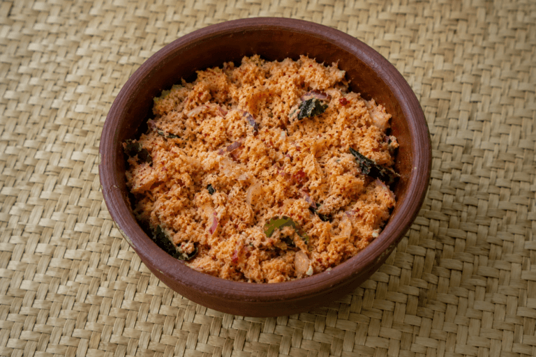 Spiced Coconut sambol in a clay pot