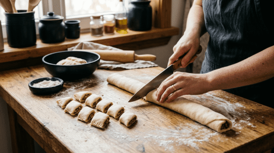 Cutting the rolled up Imqaret dough