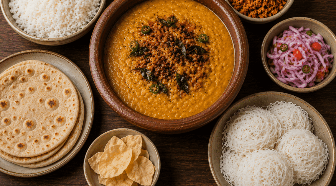 A table with Dahl Curry and condiments A table with Dahl Curry and condiments