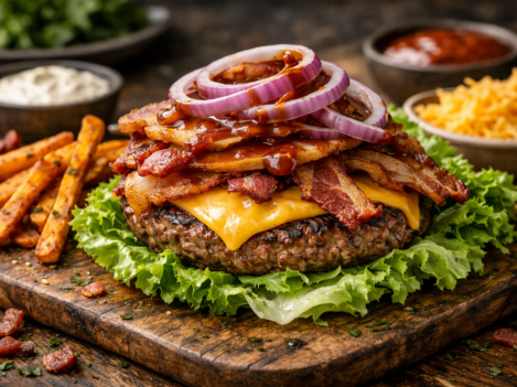 Bacon cheeseburger with sweet potato fries