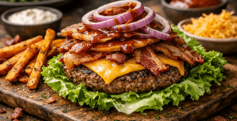 Bacon cheeseburger with sweet potato fries Bacon cheeseburger with sweet potato fries