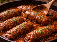 Bragjoli tradional Maltese beef olives in a pan