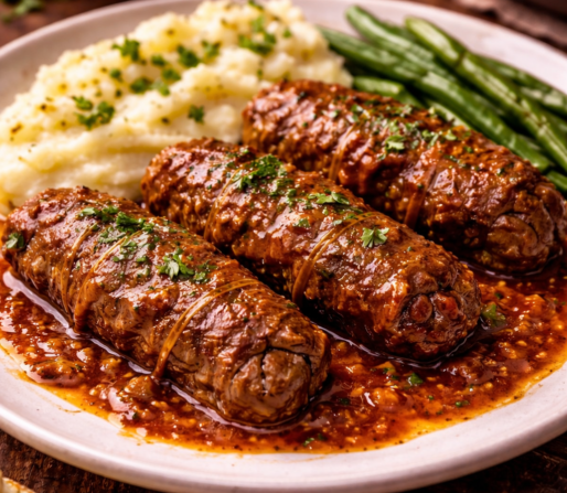 Bragjoli tradional Maltese beef olives - Plated with patatoes and green beans