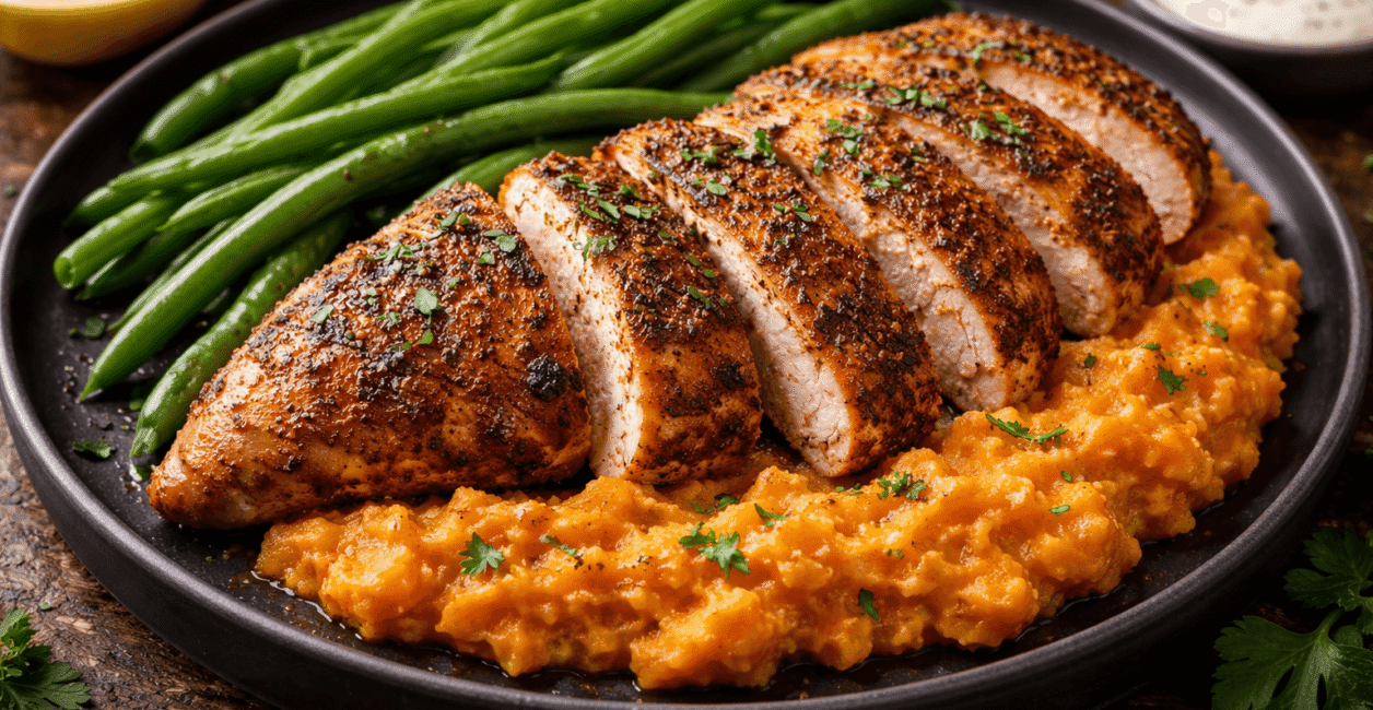 Cajun chicken with sweet potatoes and greens Cajun chicken with sweet potatoes and greens