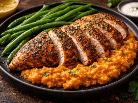Cajun chicken with sweet potatoes and greens
