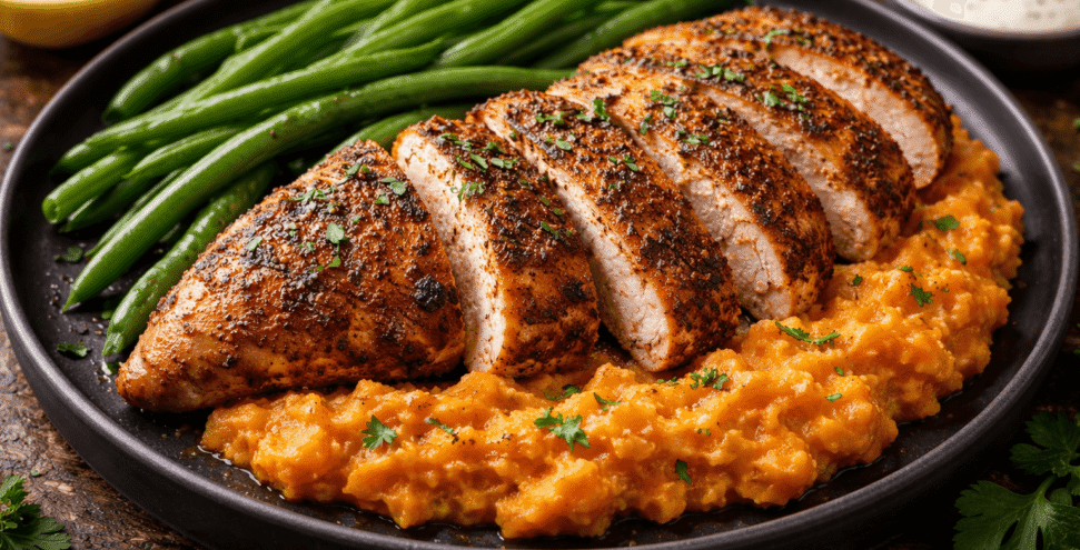 Cajun chicken with sweet potatoes and greens Cajun chicken with sweet potatoes and greens