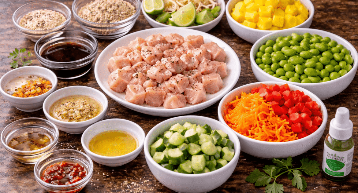Chicken and mango poké bowl ingredients