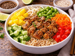 Colourful chicken and mango poké bowl (1)