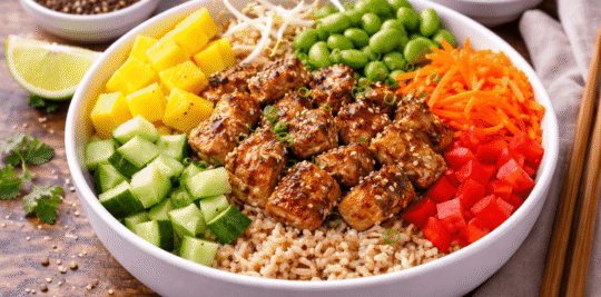 Colourful chicken and mango poké bowl (1)