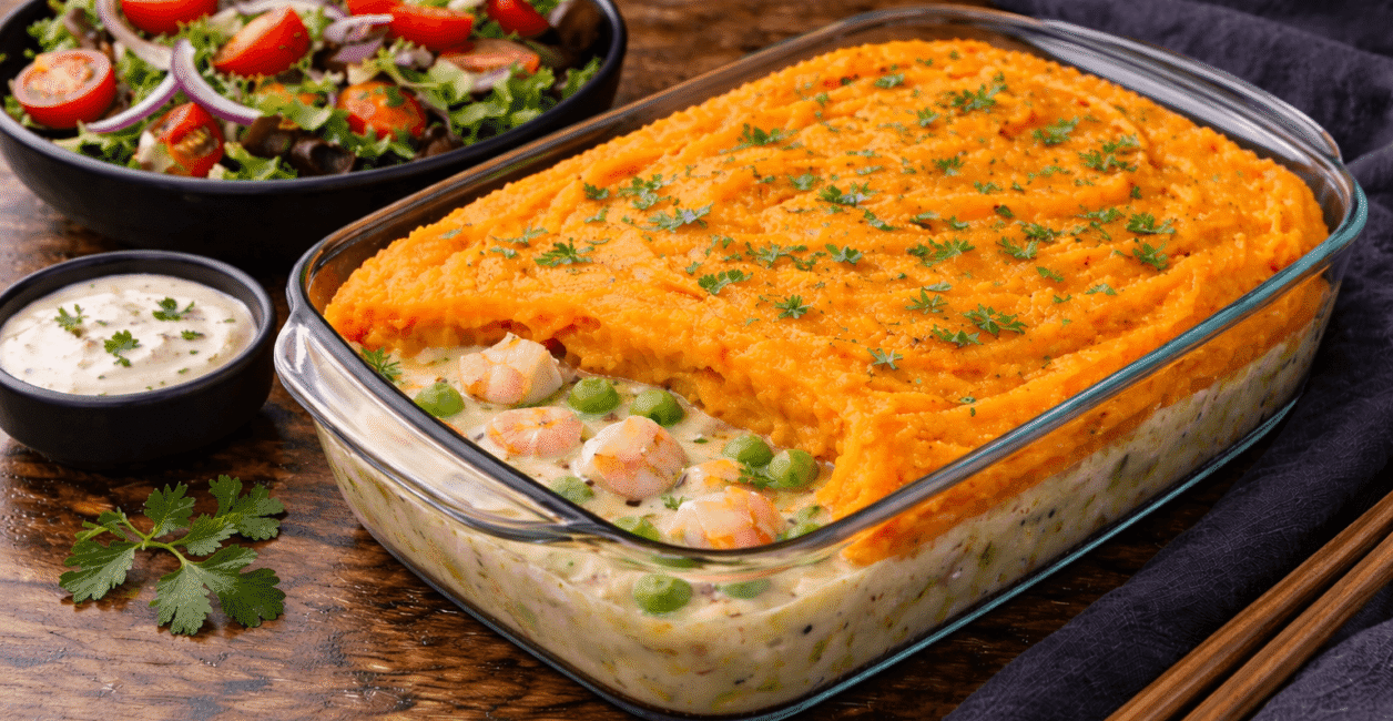 Fish and prawn pie with salad Fish and prawn pie with salad