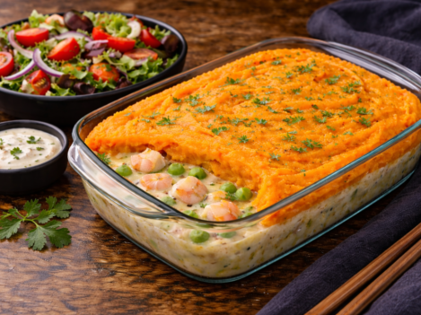 Fish and prawn pie with salad